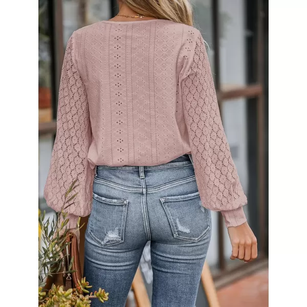 imageCUPSHE Women Cutout Scalloped Lace Top Long Lace Sleeves Shirts V Neck BlousesPink