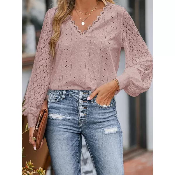 imageCUPSHE Women Cutout Scalloped Lace Top Long Lace Sleeves Shirts V Neck BlousesPink