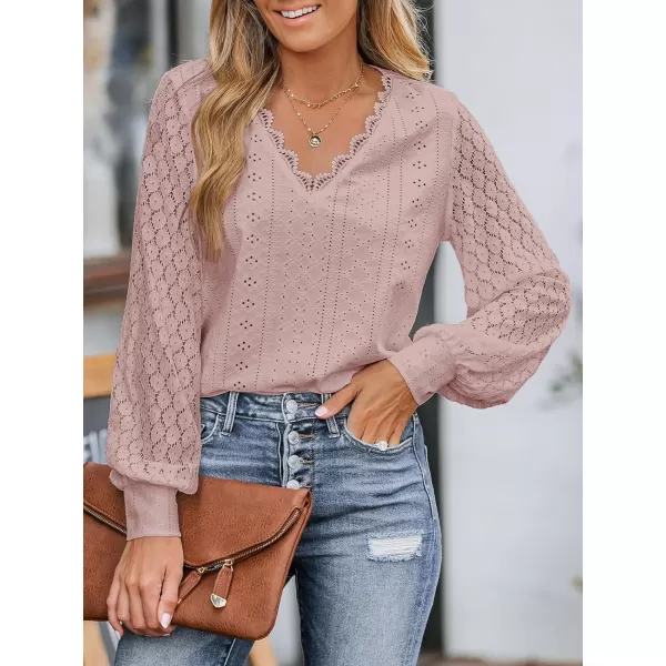 imageCUPSHE Women Cutout Scalloped Lace Top Long Lace Sleeves Shirts V Neck BlousesPink
