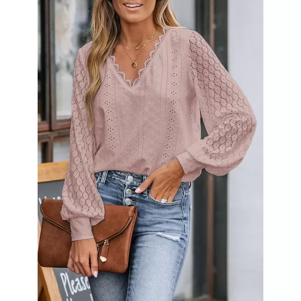 imageCUPSHE Women Cutout Scalloped Lace Top Long Lace Sleeves Shirts V Neck BlousesPink