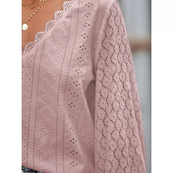 imageCUPSHE Women Cutout Scalloped Lace Top Long Lace Sleeves Shirts V Neck BlousesPink