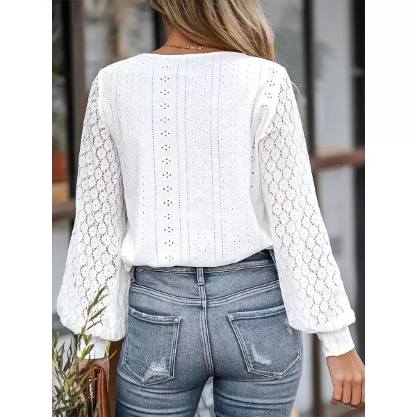 imageCUPSHE Women Cutout Scalloped Lace Top Long Lace Sleeves Shirts V Neck BlousesWhite