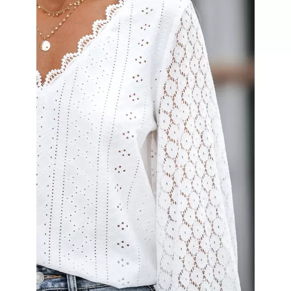 imageCUPSHE Women Cutout Scalloped Lace Top Long Lace Sleeves Shirts V Neck BlousesWhite