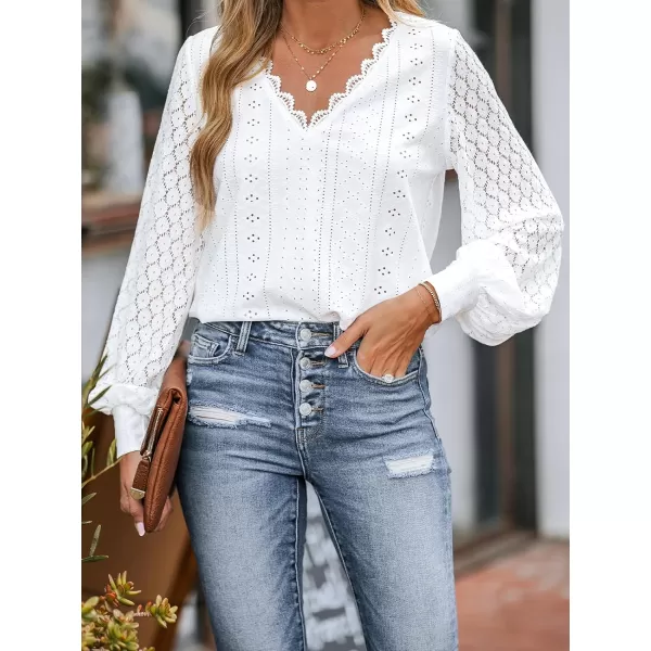 imageCUPSHE Women Cutout Scalloped Lace Top Long Lace Sleeves Shirts V Neck BlousesWhite