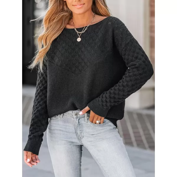 imageCUPSHE Women Cutout Sweater Pointelle Knit Round Neck Long Sleeves Jumper TopsBlack