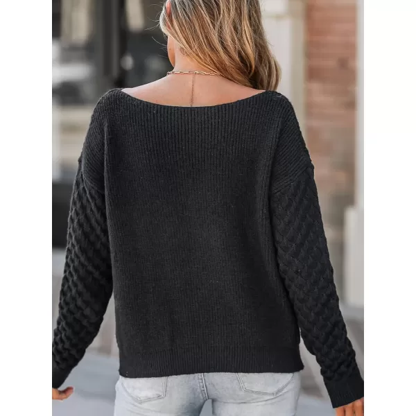 imageCUPSHE Women Cutout Sweater Pointelle Knit Round Neck Long Sleeves Jumper TopsBlack