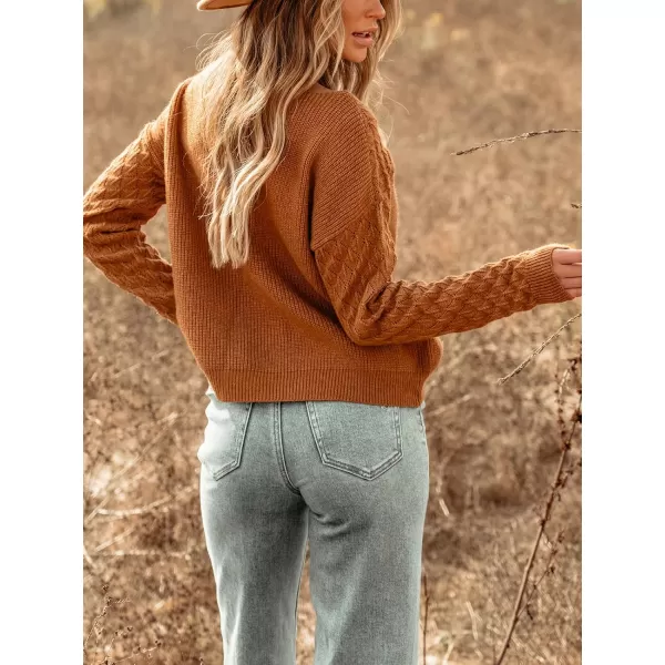 imageCUPSHE Women Cutout Sweater Pointelle Knit Round Neck Long Sleeves Jumper TopsBrown