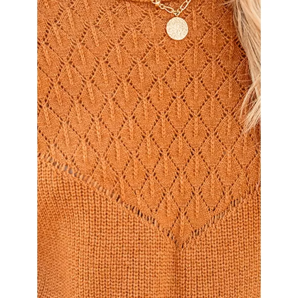 imageCUPSHE Women Cutout Sweater Pointelle Knit Round Neck Long Sleeves Jumper TopsBrown