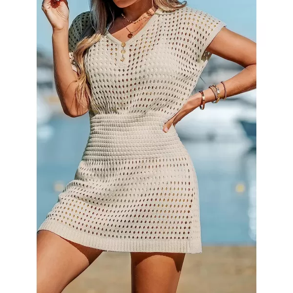 imageCUPSHE Women Cutout VNeck CoverUp Dress Casual Summer Short Sleeves Buttons Cover UpApricot