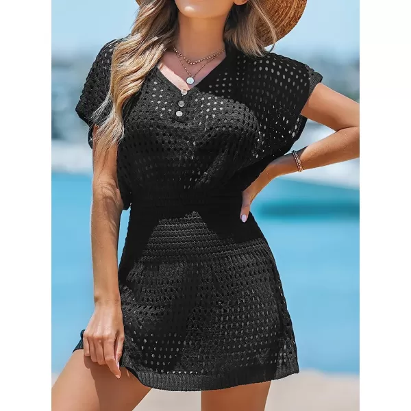 imageCUPSHE Women Cutout VNeck CoverUp Dress Casual Summer Short Sleeves Buttons Cover UpBlack