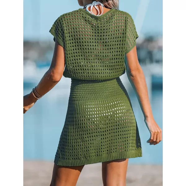 imageCUPSHE Women Cutout VNeck CoverUp Dress Casual Summer Short Sleeves Buttons Cover UpDark Green