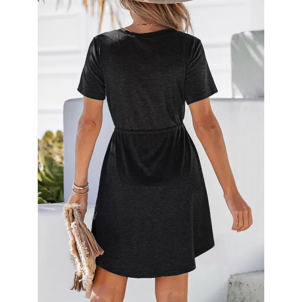 imageCUPSHE Women Drawstring Button Front VNeck Mini Dress Summer Casual Short Sleeve Day DressesBlack