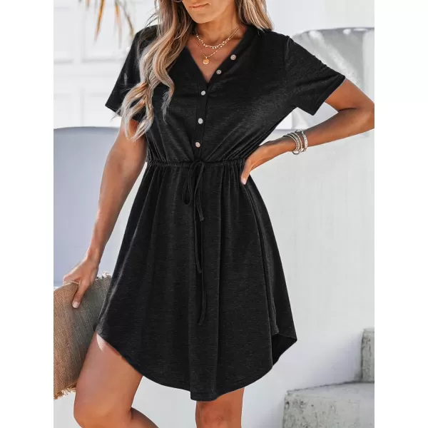 imageCUPSHE Women Drawstring Button Front VNeck Mini Dress Summer Casual Short Sleeve Day DressesBlack