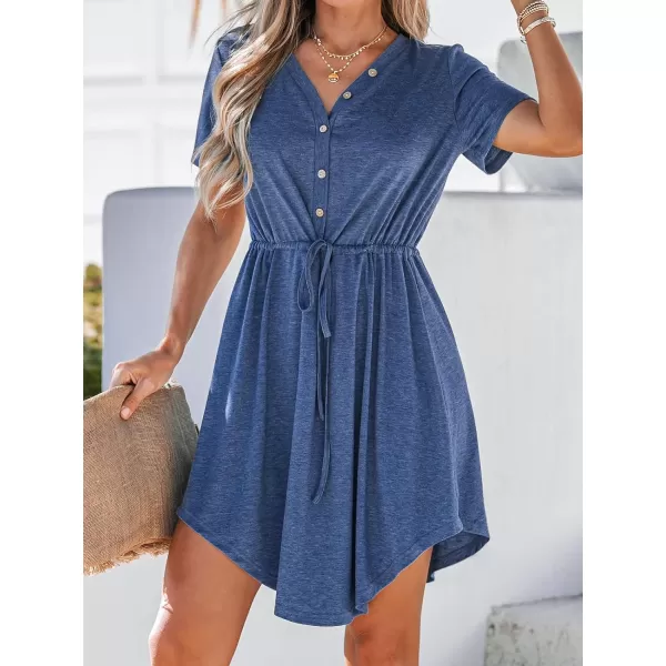 imageCUPSHE Women Drawstring Button Front VNeck Mini Dress Summer Casual Short Sleeve Day DressesBlue