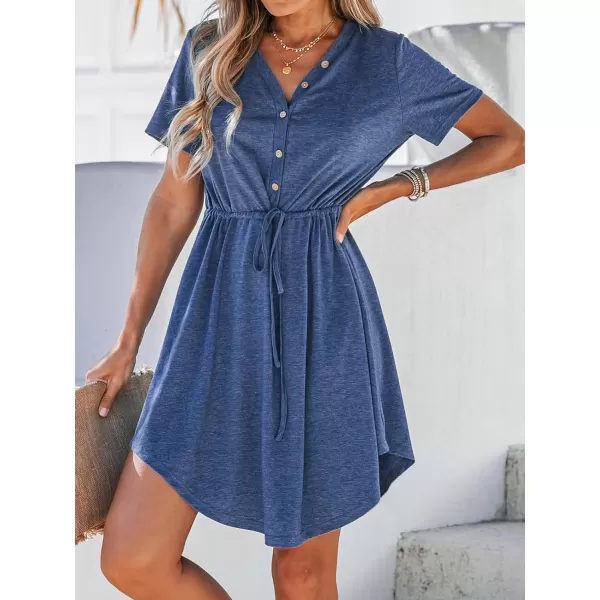 imageCUPSHE Women Drawstring Button Front VNeck Mini Dress Summer Casual Short Sleeve Day DressesBlue
