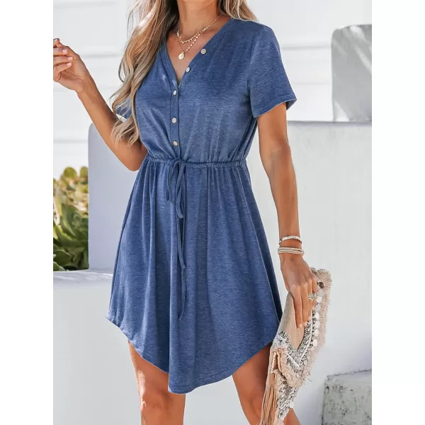 imageCUPSHE Women Drawstring Button Front VNeck Mini Dress Summer Casual Short Sleeve Day DressesBlue
