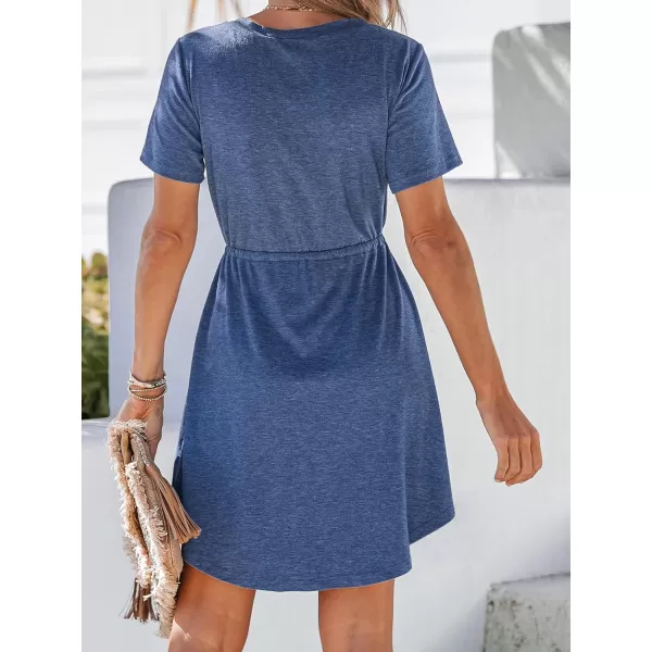 imageCUPSHE Women Drawstring Button Front VNeck Mini Dress Summer Casual Short Sleeve Day DressesBlue