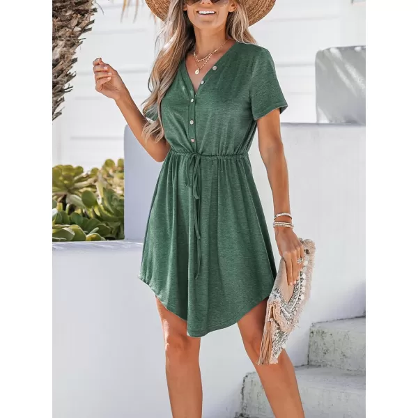 imageCUPSHE Women Drawstring Button Front VNeck Mini Dress Summer Casual Short Sleeve Day DressesDark Green