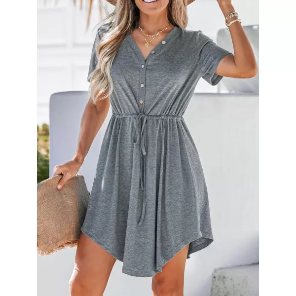 imageCUPSHE Women Drawstring Button Front VNeck Mini Dress Summer Casual Short Sleeve Day DressesLight Blue