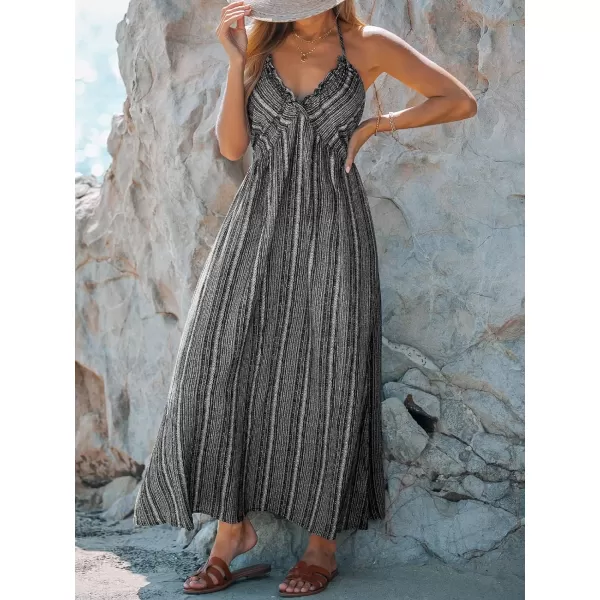 imageCUPSHE Women Dress Halter Smocked Plunge V Neck Sleeveless Long Solid Fitted Waist Maxi DressBlack