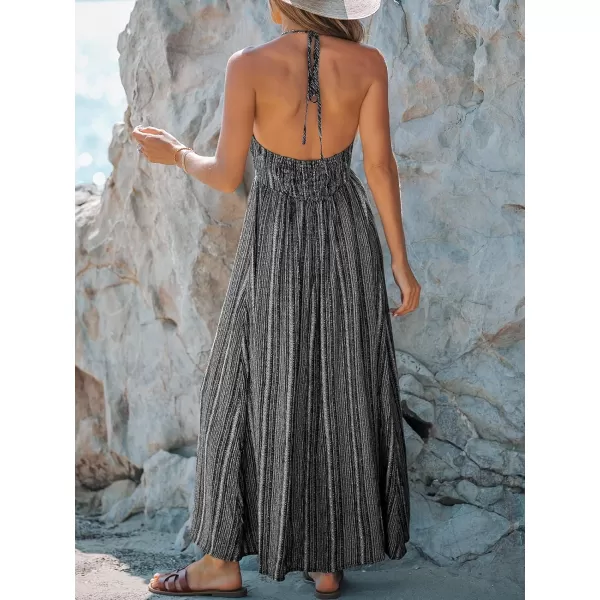 imageCUPSHE Women Dress Halter Smocked Plunge V Neck Sleeveless Long Solid Fitted Waist Maxi DressBlack