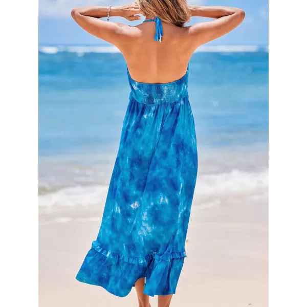 imageCUPSHE Women Dress Halter Smocked Plunge V Neck Sleeveless Long Solid Fitted Waist Maxi DressTie Dye Blue