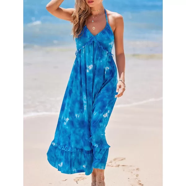 imageCUPSHE Women Dress Halter Smocked Plunge V Neck Sleeveless Long Solid Fitted Waist Maxi DressTie Dye Blue