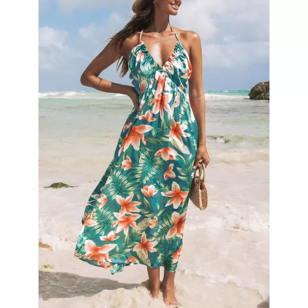 imageCUPSHE Women Dress Halter Smocked Plunge V Neck Sleeveless Long Solid Fitted Waist Maxi DressTropical Floral Green