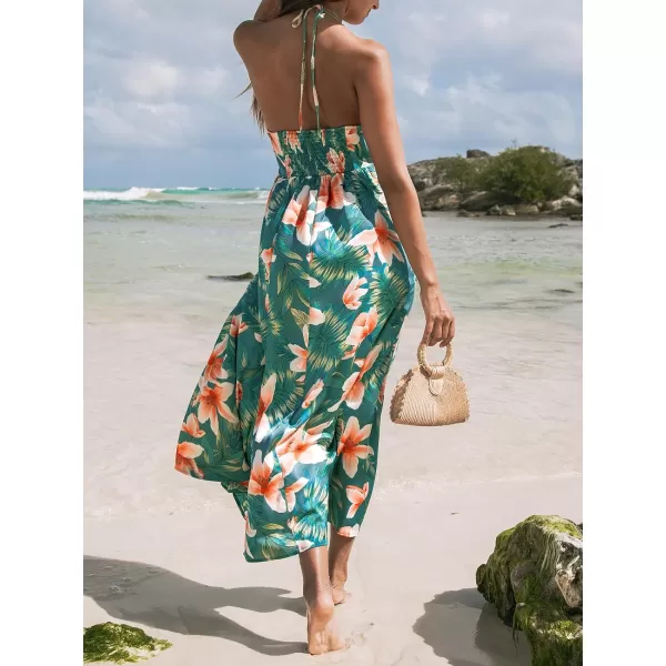 imageCUPSHE Women Dress Halter Smocked Plunge V Neck Sleeveless Long Solid Fitted Waist Maxi DressTropical Floral Green