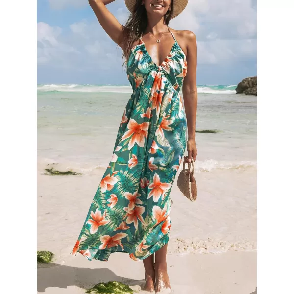 imageCUPSHE Women Dress Halter Smocked Plunge V Neck Sleeveless Long Solid Fitted Waist Maxi DressTropical Floral Green