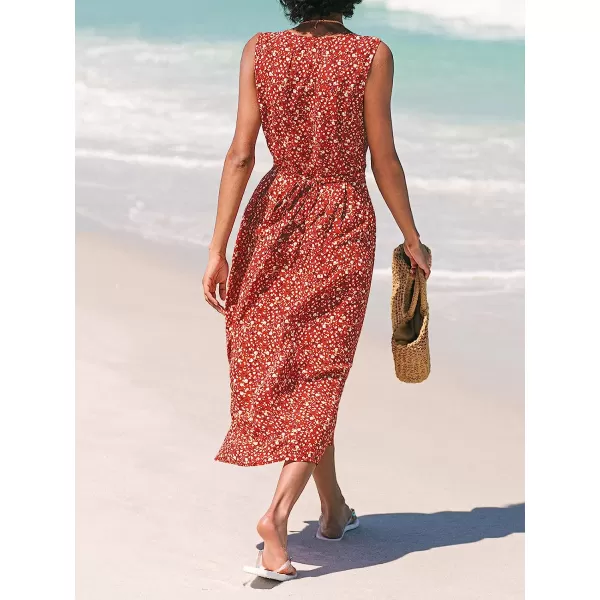 imageCUPSHE Women Dress V Neck Button Front Tie Back Sleeveless Tea Length DressRed