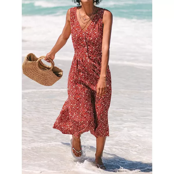 imageCUPSHE Women Dress V Neck Button Front Tie Back Sleeveless Tea Length DressRed