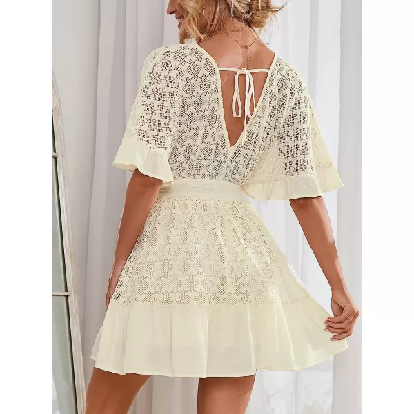 imageCUPSHE Women Dress V Neck Ruffle Hem Above Knee A Shape Dress with Half Bell SleevesBeige