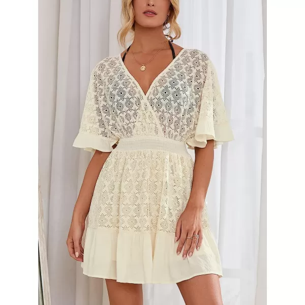 imageCUPSHE Women Dress V Neck Ruffle Hem Above Knee A Shape Dress with Half Bell SleevesBeige