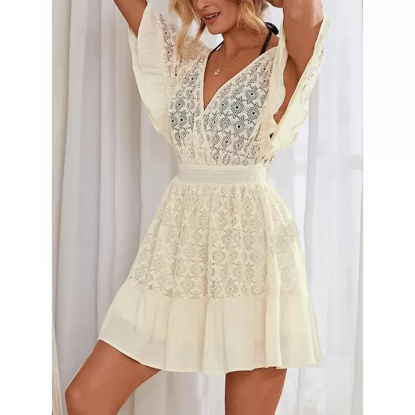 imageCUPSHE Women Dress V Neck Ruffle Hem Above Knee A Shape Dress with Half Bell SleevesBeige