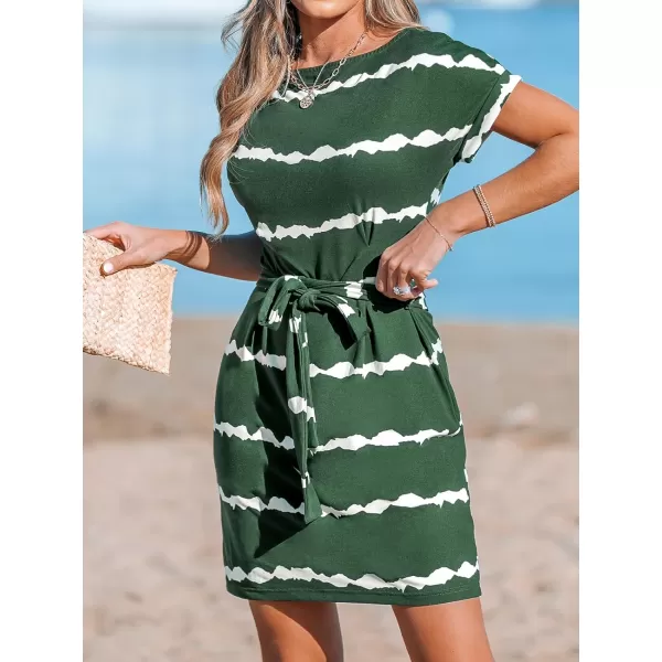 imageCUPSHE Women Dresses Round Neck Short Sleeve Striped Belted Jersey Summer Mini Beach DressGreen