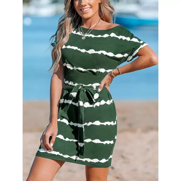 imageCUPSHE Women Dresses Round Neck Short Sleeve Striped Belted Jersey Summer Mini Beach DressGreen