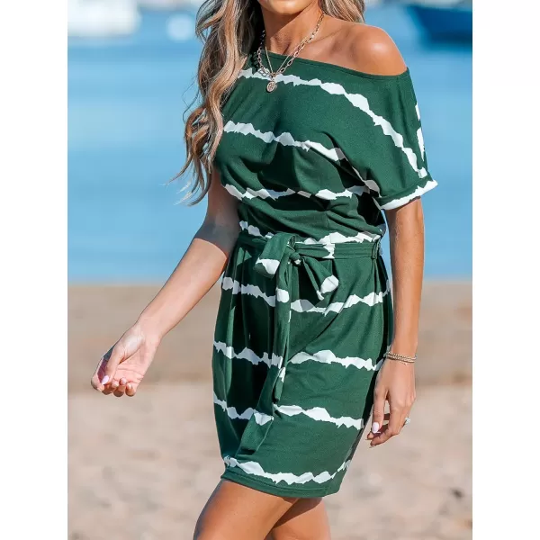 imageCUPSHE Women Dresses Round Neck Short Sleeve Striped Belted Jersey Summer Mini Beach DressGreen