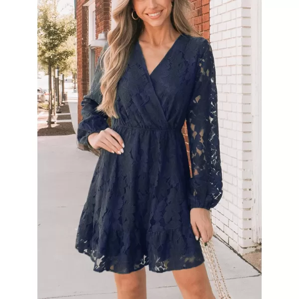 imageCUPSHE Women Elegant V Neck Lace Peasant Sleeves High Waist ALined Wedding Mini DressBlue