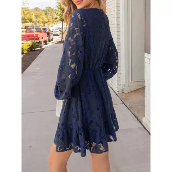 imageCUPSHE Women Elegant V Neck Lace Peasant Sleeves High Waist ALined Wedding Mini DressBlue