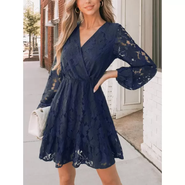 imageCUPSHE Women Elegant V Neck Lace Peasant Sleeves High Waist ALined Wedding Mini DressBlue