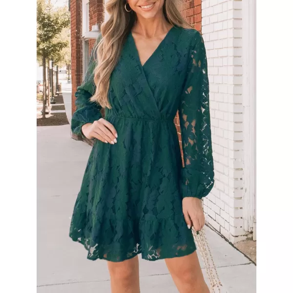 imageCUPSHE Women Elegant V Neck Lace Peasant Sleeves High Waist ALined Wedding Mini DressHunter Green