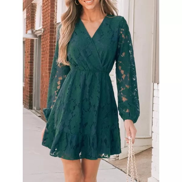 imageCUPSHE Women Elegant V Neck Lace Peasant Sleeves High Waist ALined Wedding Mini DressHunter Green