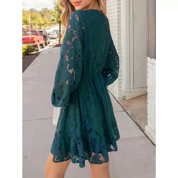 imageCUPSHE Women Elegant V Neck Lace Peasant Sleeves High Waist ALined Wedding Mini DressHunter Green