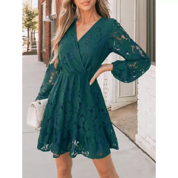 imageCUPSHE Women Elegant V Neck Lace Peasant Sleeves High Waist ALined Wedding Mini DressHunter Green