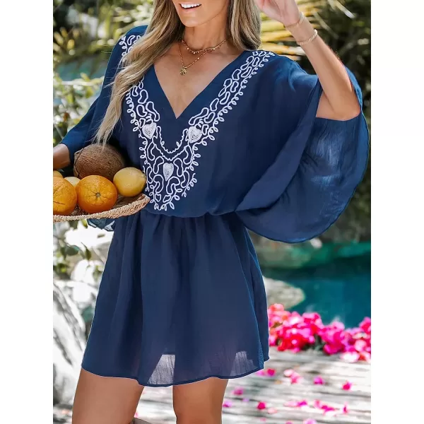 imageCUPSHE Women Embroidered VNeck CoverUp Mini Dress Short Sleeves Cover Ups Casual Beach SummerBlue