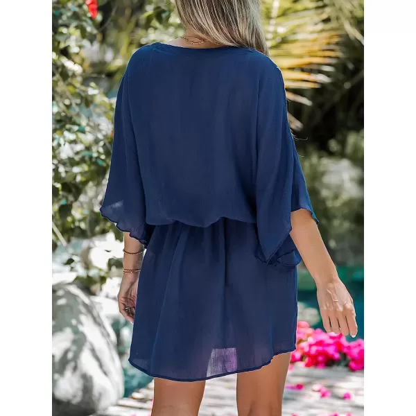 imageCUPSHE Women Embroidered VNeck CoverUp Mini Dress Short Sleeves Cover Ups Casual Beach SummerBlue