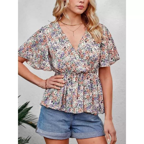 imageCUPSHE Women Flare Short Sleeve Floral Print Peplum Top Wrap VNeck Flounce Hem Summer Blouse TopsPinkfloral