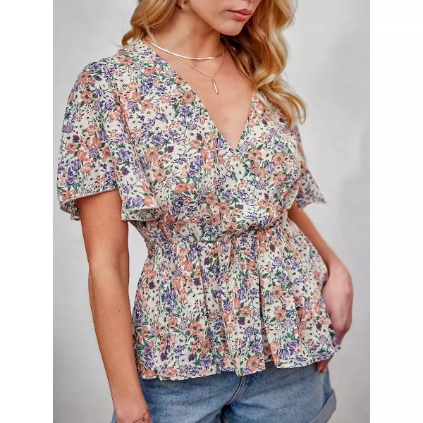 imageCUPSHE Women Flare Short Sleeve Floral Print Peplum Top Wrap VNeck Flounce Hem Summer Blouse TopsPinkfloral