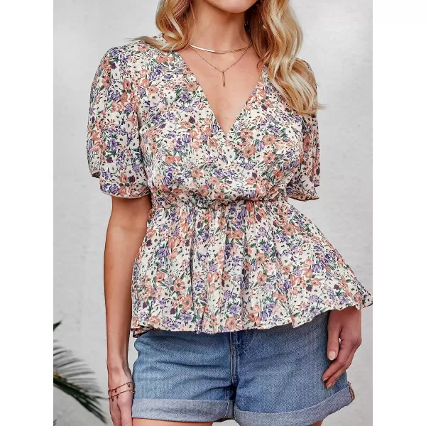 imageCUPSHE Women Flare Short Sleeve Floral Print Peplum Top Wrap VNeck Flounce Hem Summer Blouse TopsPinkfloral